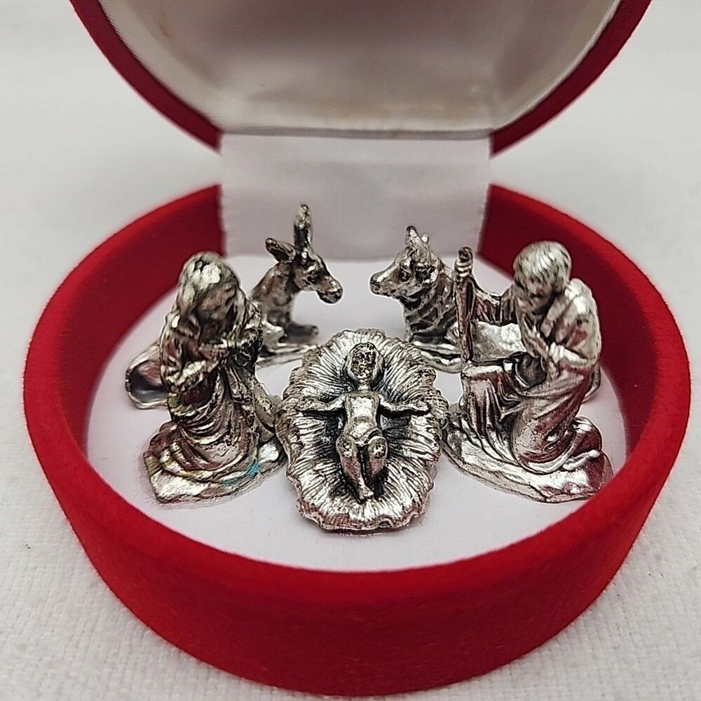 Nativity Miniature Silver Metal in Red Flocked Presentation Box Lourdes Vintage